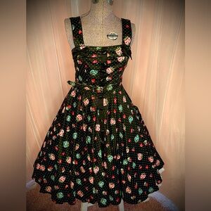Hell bunny black dot strawberry/cherry full circle swing dress.